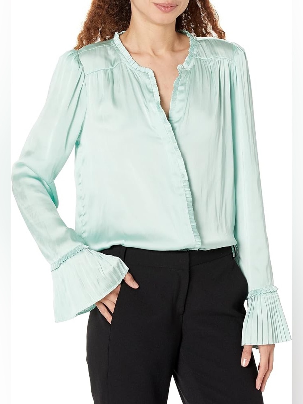 Paige Palma blouse dusty mint green pleated cuff ruffles button up small office